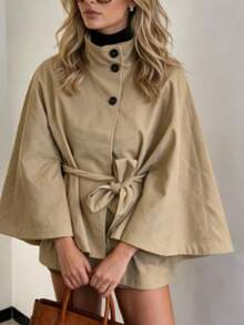 Women's Elegant Solid Color Stand Collar Waist-Cinching Short Cape Jacket With Belt And Front Buttons, For Daily Wear - Khaki - View 3