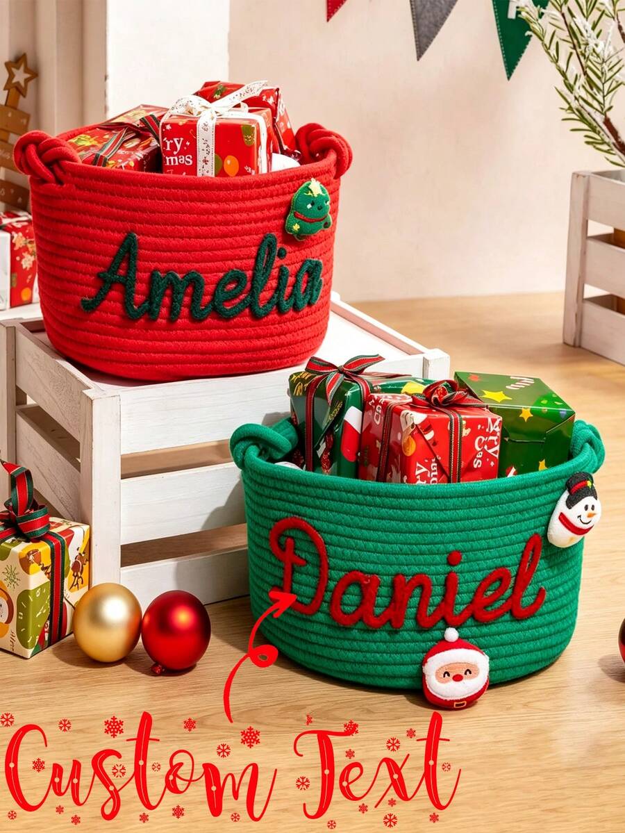 Customized Personalized Christmas Gift Basket, Crocheted Rope Basket, Holiday Decoration, Christmas Eve Basket, Christmas Gift Storage Basket - Multicolor - View 1
