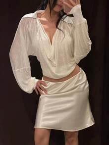 SYchuan Women's White Collar Long Sleeve Crop Top With Ruched Bust And Backless Details, High Stretch Knitted Fabric For Gorgeous Outfits - White - View 5