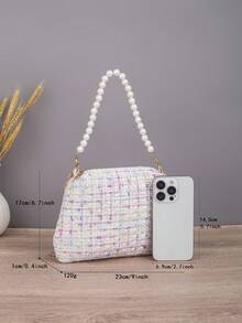 1pc Women's Pastel Tweed Evening Bag With Pearl Top Handle & Detachable Chain Strap, Elegant Mini Handbag For Party, Wedding & Date - White - View 8