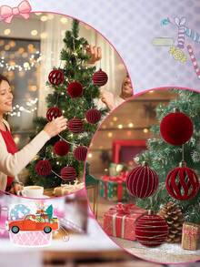 12PCS Red Plush-Texture Christmas Ornament-An Outdoor/Patio Christmas Tree Decoration Perfect For Creating A Festive "Winter Wonderland" Atmosphere; Suitable For New Year And Christmas Decor, Home And Garden Styling, And Holiday Table Settings. - Multicolor - View 9