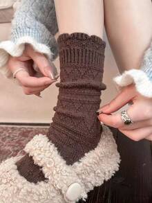 4Pairs Women's Vintage Rhombus Textured Ruffle Socks, Knit Mid-Calf Socks For Daily Wear - Multicolor - View 4