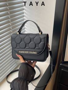 Women's Hexagon Quilted Crossbody Bag, FOREVER YOUNG Letter Embroidery Handbag Shoulder Bag, PU Leather Detachable Strap Handbag, Suitable For Daily Commute - Black - View 2