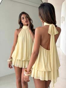 Gaun Mini Chiffon Tanpa Punggung dengan Leher Halter dan Lapisan Celana Pendek Terintegrasi, Hem Berumbai, Cocok untuk Liburan Pantai, Liburan, Jalan-jalan, dan Pesta Musim Panas, Gaya Elegan - Kuning - View 6