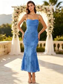 2026 New Women's French Style Spaghetti Strap Backless Tie-Back 3D Floral Evening Dress - Blue - View 1