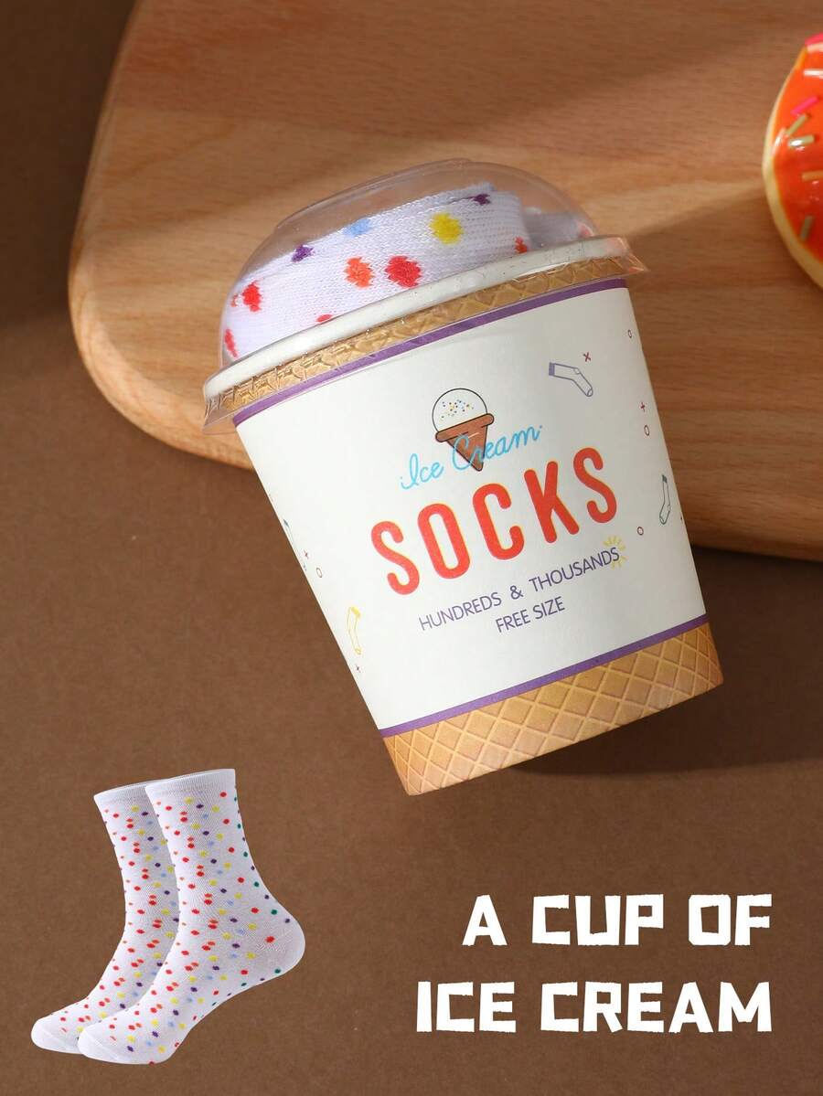1 Pair Fun Mid-Calf Socks, Novel Unique Cute Colorful Ice Cream Pattern, Autumn/Winter New Premium Creative Gift Box, Soft Comfortable Suitable For Christmas/Halloween/Thanksgiving/Family Day Gathering/Party Holiday Gifting, Casual Daily Party Outing Fashion Socks, Unisex All-Season Socks, Surprise Christmas/Birthday Gift For Friends/Family, Casual Home Outdoor Sports Daily Wear, Skiing/Cycling/Running - White - View 1