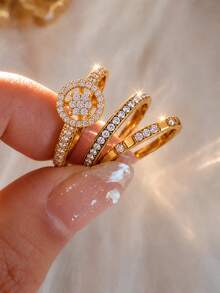 rakol 1/3pcs Gold Tone Cubic Zirconia Stackable Ring Set For Women Round Halo Statement Rings Sparkling Elegant Fashion Jewelry Gift - Multicolor - View 7