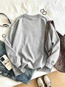 Women's Plus-Size Fashionable And Versatile Crew Neck Sweatshirt, Portrait Graphic Print, A Casual And Streetwear Top For Autumn And Winter. - Grey - View 2