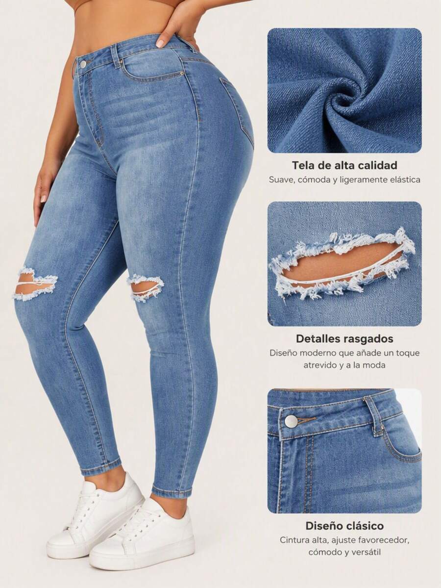 Pantalones Vaqueros Skinny para Mujer Talla Grande - Tejido Elástico, Efecto Lavado con Rayas de Gato y Rotos, Acentúa Curvas, Jeans ajustados elásticos con curvy - Azul - Ver 1