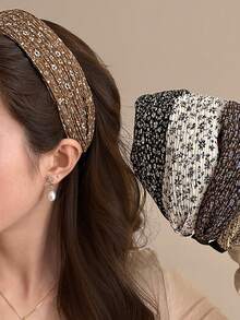 1pc Vintage Fabric Pleated Wide Headband Elegant Ditsy Floral High Crown Hair Accessory For Women - Multicolor - View 4