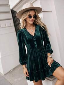Women's Vintage Velvet Short Dress, V-Neck With Frill Trim, Lantern Long Sleeves, Draped Fabric, Casual Vibe, Suitable For Daily Wear, Dating, Christmas, Vacation - Dark Green - View 5
