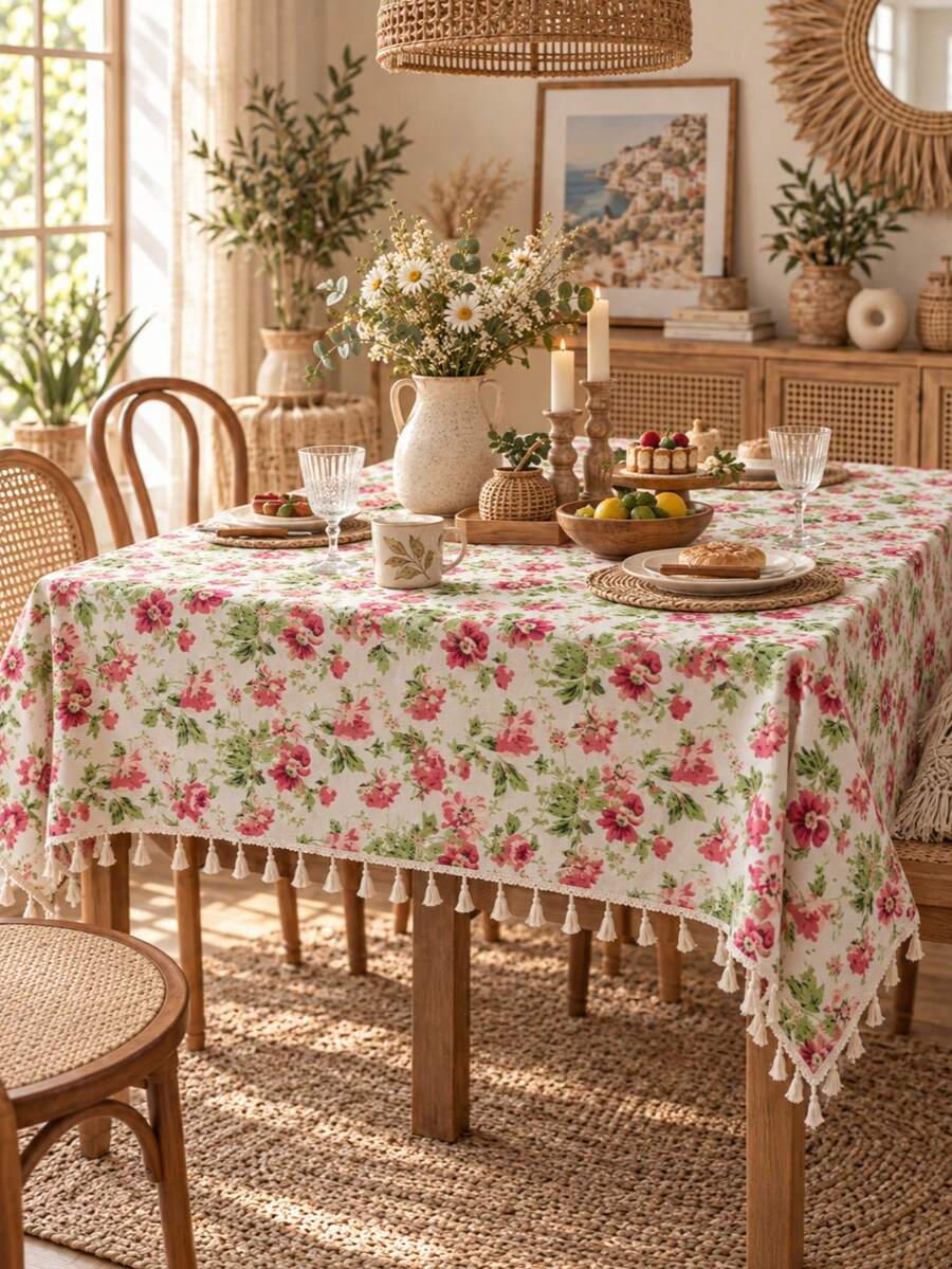 MeijiaMo 1pc Pink Rose Floral Print Tablecloth, Bohemian Style Polyester Rectangular Flower Pattern Decorative Placemat Tablecloth, Suitable For Bedroom, Hotel, Kitchen, Dining Room, Party, Holiday, Coffee Table, Round Table, All Seasons