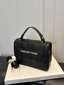 1pc Mini Letter Embossed Grid PU Portable Flap Fashion Women's Handbag Suitable For Autumn/Winter Daily Shopping - Black - View 7