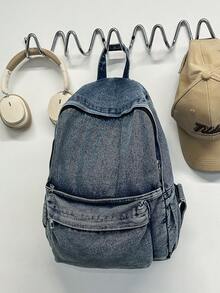 1pc Vintage Men's Backpack, Fashion Solid Color, Adjustable Shoulder Straps, Zipper Closure, Astronaut Pendant, Casual Retro Daily Commute, Large Capacity, Lightweight, Washed Canvas, College Style, Peach Tree - Blue - View 9