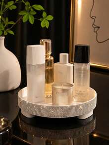 Rhinestone Vanity Tray White Cosmetic Storage Box Luxury Bathroom Decor Vanity Organizer Tray Countertop Makeup Display Rack Luxury Home Accessory Girls Rental Essential Skincare Display Tray Shiny Desktop Storage Small Decorative Tray - Multicolor - View 12