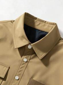 Blueprint Man 1pc Men's Khaki Lapel Jacket, Metal Snap Button Front Closure, Smooth Skin-Friendly Fabric, Lightweight And Crisp, Loose Drop Shoulder Fit, Minimalist Casual Style, Suitable For Daily Commute And Travel - Khaki - View 7