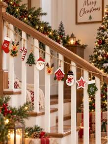 1 Set Of 10 Wooden Christmas Decorations, Including Santa Claus, Reindeer, Snowman, Christmas Tree, Christmas Stocking, Candy Cane, Star And Other Patterns, Suitable For Rustic Christmas Party Or Fireplace Wall Decor - Multicolor - View 2