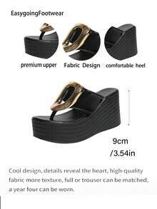 Women's Summer Metal Buckle Toe-Post Wedge Sandals, Thick Sole Height-Increasing Lightweight Soft Bottom, Versatile For Outdoor, Vacation And Commute - Black - View 10