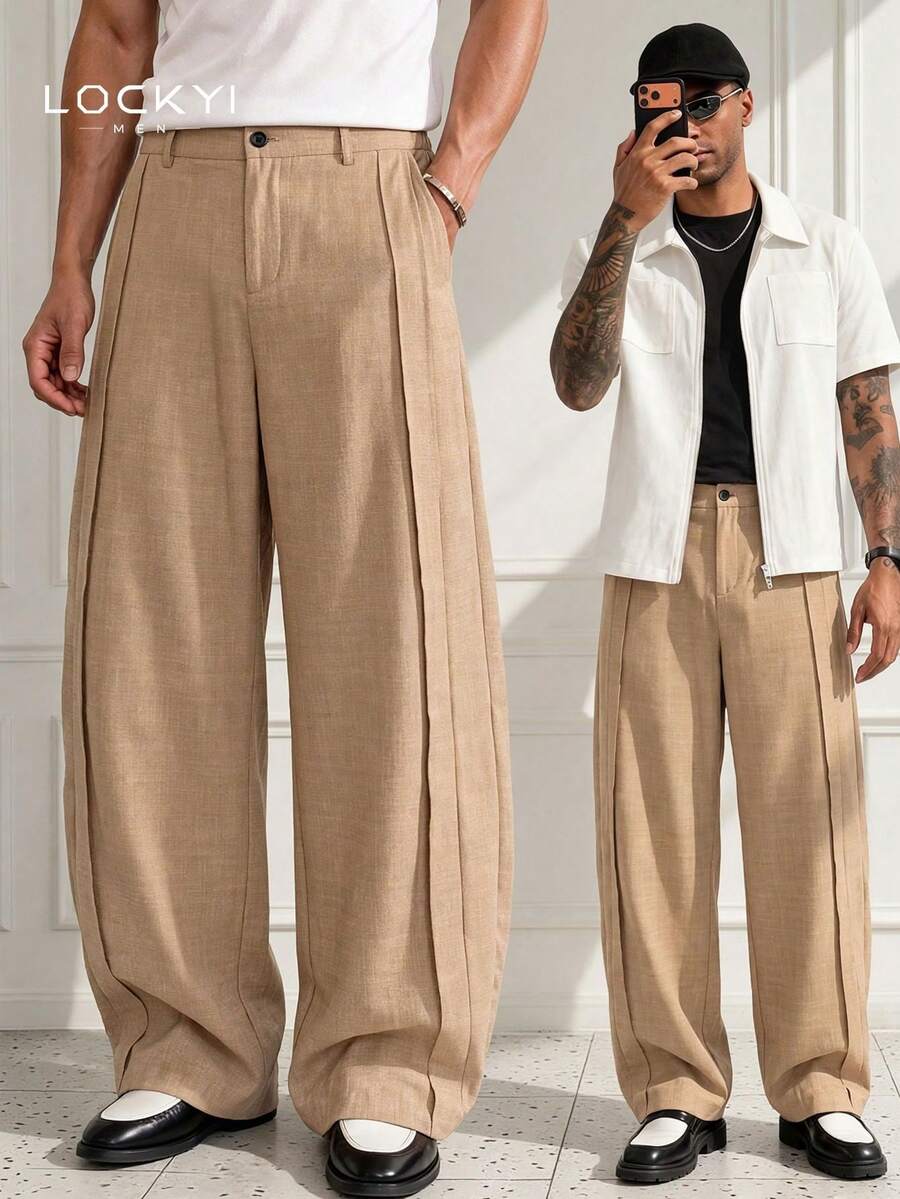 Men's Khaki Wide Leg Casual Pants, Drapey Comfortable Versatile Commuter Long Pants - Brown - View 1