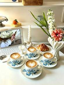 6pcs/1pc Set, 90ml Ceramic Coffee Cup And Saucer, Microwave And Dishwasher . Espresso Cup And Arabic Coffee Cup. Perfect For Afternoon Tea, Cafe, Kitchen And Home Decor; Ideal Gift - Multicolor - View 3