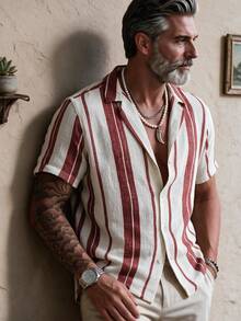 GOLDREDY Fashion Printed Striped Colorblock Men's Casual Button-Down Short Sleeve Shirt Summer - Red - View 2
