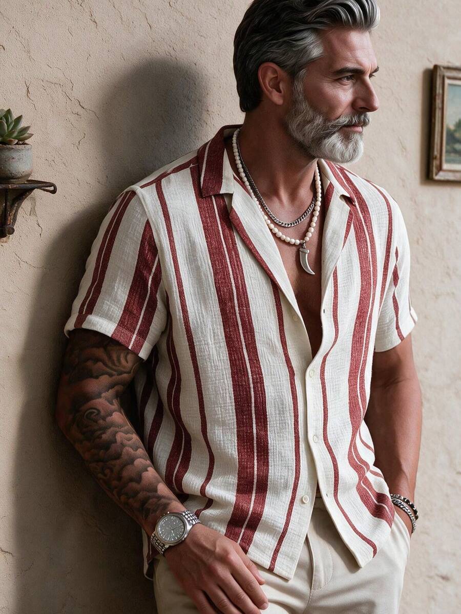 GOLDREDY Fashion Printed Striped Colorblock Men's Casual Button-Down Short Sleeve Shirt Summer