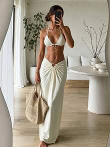 HOTTIE HABIT Set Bikini 3 Potong Wanita Warna Putih Polos Model Halter Segitiga, Rok Penutup Berpotongan Tinggi dengan Detail Kerut, Cocok untuk Liburan Musim Panas di Pantai dan Kolam Renang. - Putih - View 4