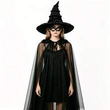 Halloween Dark Witch Costume Set Including Hooded Mesh Cape, Ruffled Witch Hat, Lace Mask, Suitable For Halloween, Carnival Party, Stage Role Play, Fashion Dress-Up Outfit - Black - View 2