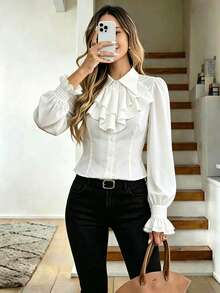 Women's Autumn Commute Elegant Vintage Court Style Gothic Multi-Layer Ruffle Waist-Cinching Blouse, Halloween, Streetwear, Party - White - View 10