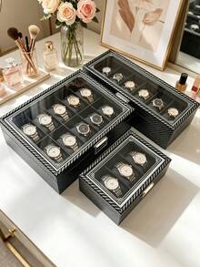 1pc Luxury Large Capacity Watch Storage Box, Watch Display Box, Watch Organizer, Elegant Black PU Leather Shell With Secure Dividers, Can Store Watches, Perfect Gift Display Box. 12/6/3/2 Slots - Multicolor - View 2