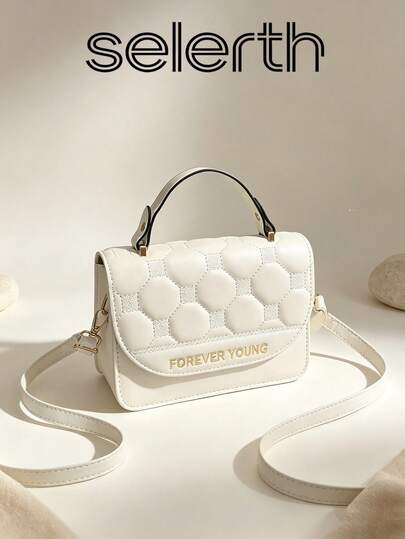 1pc White Round Quilted Embossed & Letter Embroidery Decor, Delicate PU Material, Adjustable & Detachable Long Shoulder Strap Flap Closure, Fresh & Sweet Style Handbag, Suitable For Girls & Students For Daily Outings, Dates, Shopping, Best Friend Gatherings, Spring/Summer Outfits. Compact & Exquisite Design, Full & Three-Dimensional Quilted Texture, Flexible Carrying Options. Interior Space Can Hold Phone, Lipstick, Powder, Keys & Other Small Essentials, Matches Dresses, T-Shirts, Casual Tops