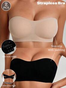 2PCS Women's Seamless Wireless Strapless Side Buckle Bras, Criss-Cross Back Design With Soft Padding, Breathable And Comfortable Bras For Daily Wear - Multicolor - View 4