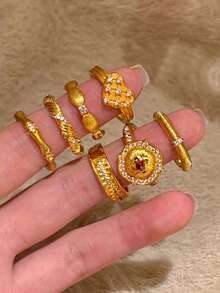 7Pc Open Adjustable Rings Set For Women Gold Tone Zirconia Stacking Mix Style Vintage Sunflower Cross Star Wave Geometric Bands Jewelry - Gold - View 3
