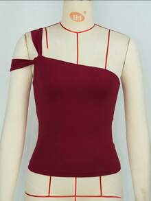 New European Style Women Tank Top Asymmetrical Design Fitted Elegant T-Shirt Summer - Wine Red - View 8