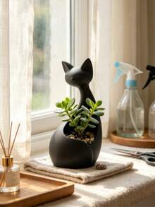 1pc Cute Cat-Shaped Ceramic Multi-Functional Succulent Planter, Jewelry & Pen Holder, Desktop & Windowsill Decor, Home & Office Gift - Multicolor - View 1