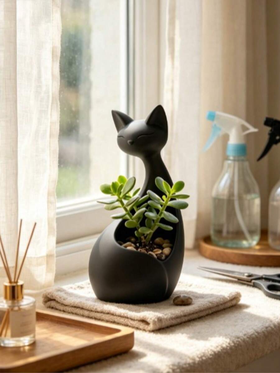 1pc Cute Cat-Shaped Ceramic Multi-Functional Succulent Planter, Jewelry & Pen Holder, Desktop & Windowsill Decor, Home & Office Gift - Multicolor - View 1
