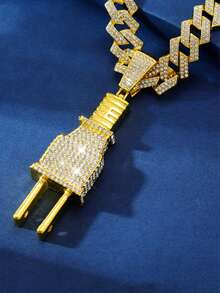 1PC Iced Out Plug Pendant Necklace, Hip Hop Bling Cuban Link Chain Power Plug Charm For Men Rapper Party Jewelry - Full Diamond Plug Pendant Cuban Chain - View 5