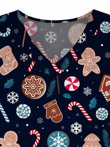 Women's Christmas Gingerbread Man Print V-Neck Short Sleeve Nurse Scrub Top With Pockets, Spring/Summer/Autumn Outfit - Black - View 4