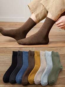 5 Pairs Men's Winter Thermal Lined Terry Socks, Random Style, Thick Warm Solid Color Mid-Calf Home Socks, Randomly Sent - Multicolor - View 1