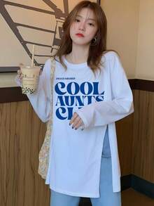 Niche Funny English Slogan Print Long T-Shirt With Side Slit Design, Loose Slouchy, Daily Wear Long Sleeve Autumn Top - White - View 5