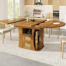 Extendable Dining Table 118-158cm, Dining Table With Rattan Storage Drawers, MDF Wood Look, Black & Natural Oak Style - Brown - View 6