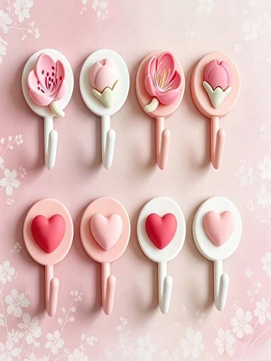 8pcs Pink Floral Theme Adhesive Hooks (Random Color), Novel And Unique Design, Perfect For Hanging Towels, Aprons And Various Small Items In Kitchen, Bathroom Or Entryway, Ultra Strong Adhesive, No Drilling, Ideal For Mother's Day Gift - View 1