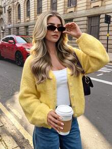 Women Yellow Solid Color V-Neck Front Button Long Sleeve Cardigan, Soft Knit Regular Fit Autumn Cardigan For Daily Work & Going Out - Yellow - View 8