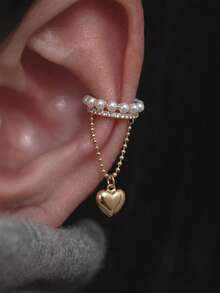 rundraw 1 pieza Regalo del Día de San Valentín para novia, pendiente tipo clip de oreja individual con corazón de cobre minimalista, strass y perla artificial, adecuado para accesorios de fiesta/uso diario - Amarillo Oro - Ver 1