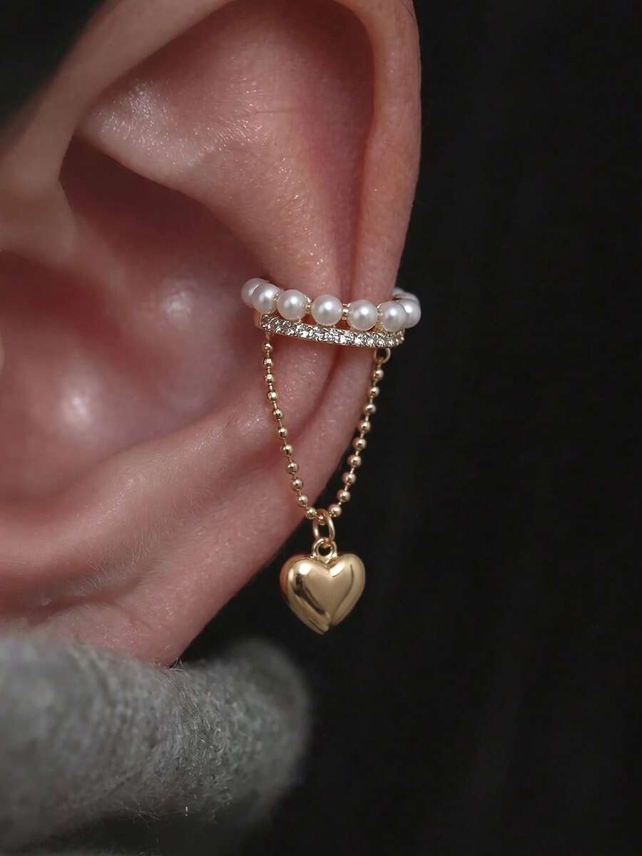 rundraw 1 pieza Regalo del Día de San Valentín para novia, pendiente tipo clip de oreja individual con corazón de cobre minimalista, strass y perla artificial, adecuado para accesorios de fiesta/uso diario - Amarillo Oro - Ver 1