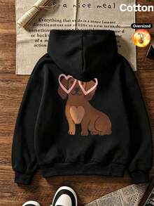 2026 Autumn/Winter Girls' Custom Loose Black Hooded Sweatshirt, Puppy Pattern With Heart-Shaped Glasses, Cute Cartoon Style - Black - View 4