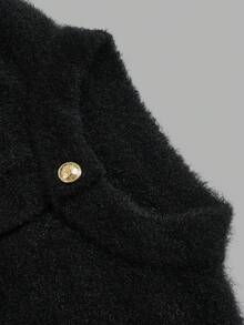 DONICY Women Elegant Fuzzy Knit Cardigan, Round Neck Gold Button Pocket Long Sleeve Fall Outerwear - Black - View 4