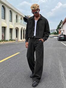 HOMIIE Men's Black Corduroy 2 Pieces Set, Lapel Button-Front Short Jacket & Wide Leg Pants, Vintage Streetwear Outfit - Black - View 3