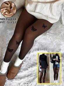 80G/200G Autumn/Winter Sheer Butterfly Pattern Thermal Lined Thick Tights, Coffee Color, Daily Casual, Halloween, Christmas Gift - Multicolor - View 5