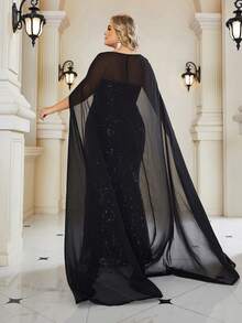 Plus Size Women's Elegant Strapless Black Sequin Sexy High Slit Cape Fitted Maxi Party Evening Dress - Black - View 5